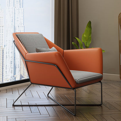 Modern Lounge Armchair Houndstooth Fabric Contrast Leather & Metal Frame with Ottoman Option