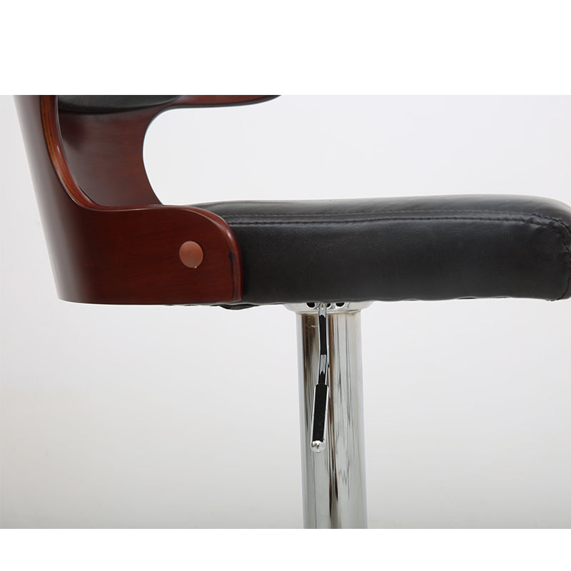 Adjustable Height Bar Stool Sculpted Bentwood Backrest Plush Leather Cushion & Chrome Disc Base