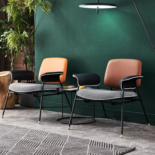 Modern Accent Armchair Houndstooth Cushion Contrast Leather & Metal Frame with Customizable Color Options