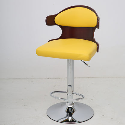 Adjustable Height Bar Stool Sculpted Bentwood Backrest Plush Leather Cushion & Chrome Disc Base