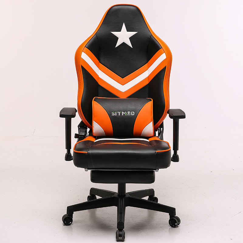 Red-Black-White Gaming Chair with Star Accent Lumbar Pillow Footrest Adjustable Arms Ergonomic Support for Gaming & Office Work Sessions