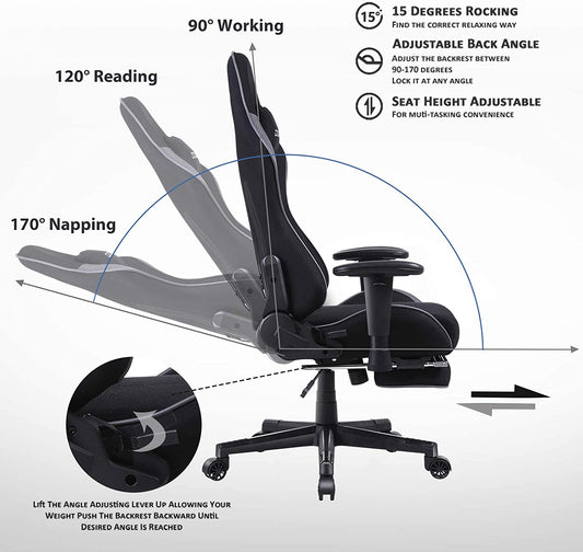 Fabric Gaming Chair Massage Lumbar Support 170° Reclining Backrest & Retractable Footrest
