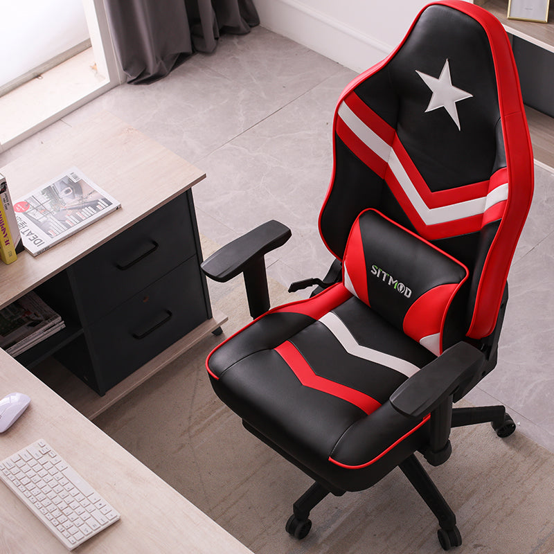 Red-Black-White Gaming Chair with Star Accent Lumbar Pillow Footrest Adjustable Arms Ergonomic Support for Gaming & Office Work Sessions