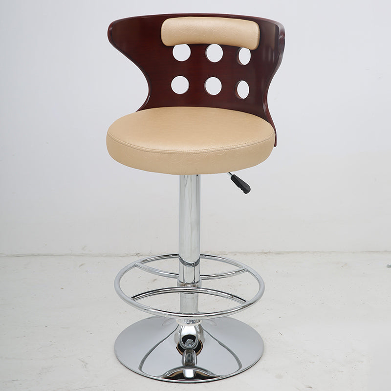 Adjustable Height Bar Stool Perforated Bentwood Backrest Plush Leather Cushion & Chrome Disc Base