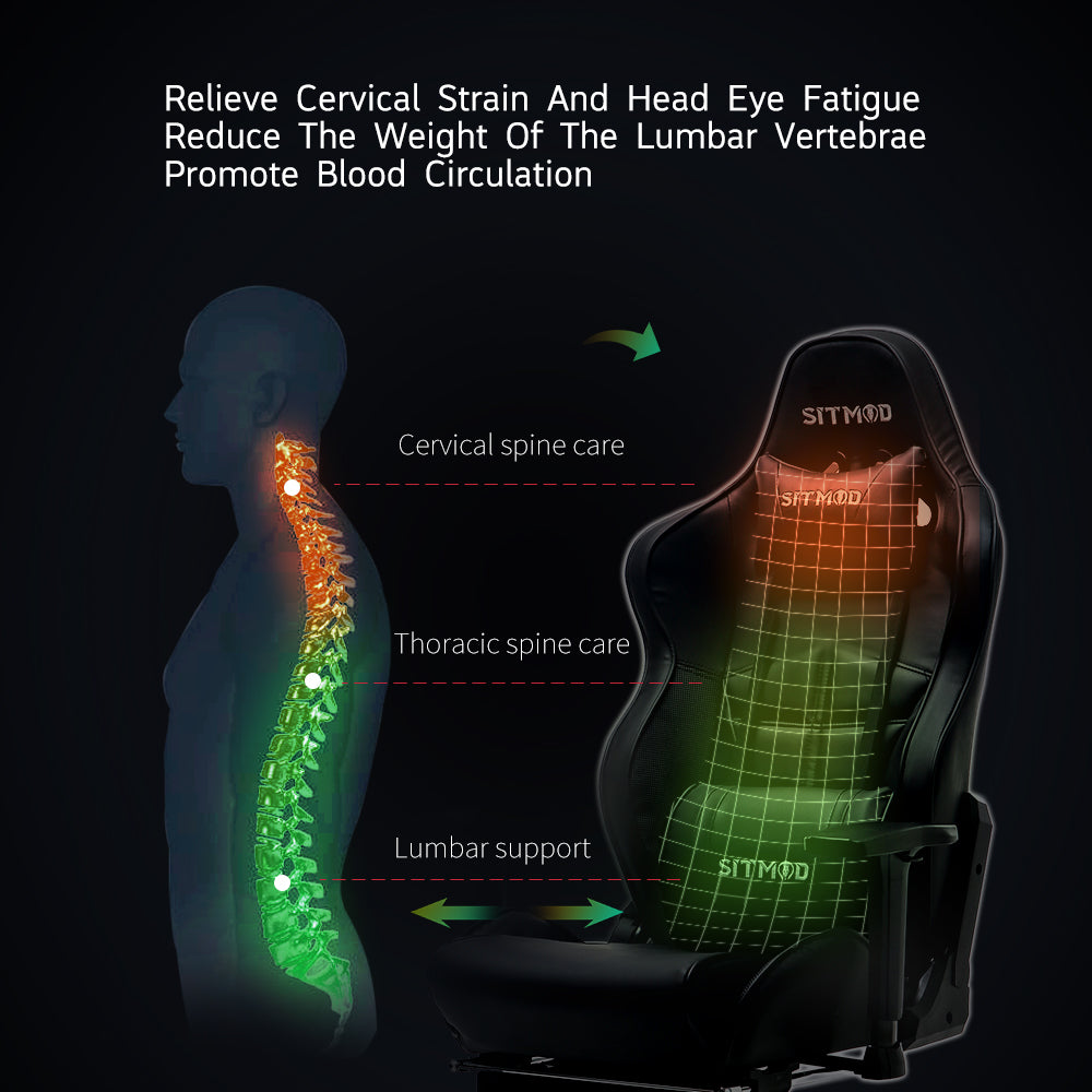 P03-SITMOD Black Quilted Gaming Chair: Headrest, Lumbar Pillow, Footrest, Sturdy Base, Adjustable Ergonomic Support for Gaming & Office Work Sessions