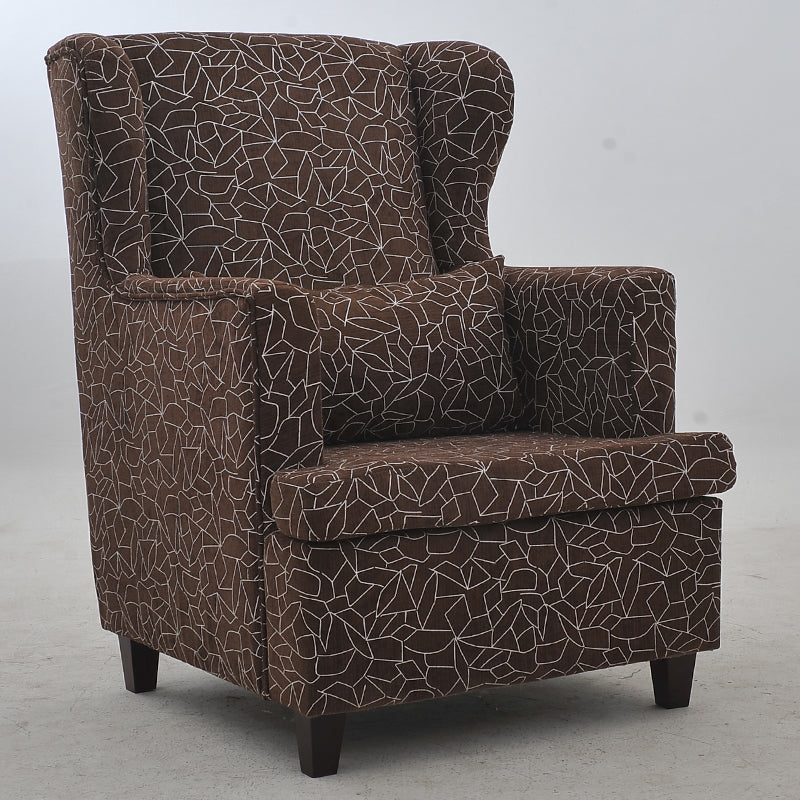 Modern Brown Wingback Armchair: Upholstered Fabric with White Geometric Crackle Pattern, Single Seater for Stylish Living Room/Office Decor