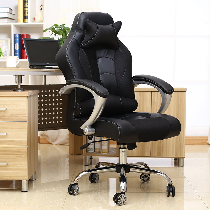 Black Ergonomic Gaming Office Chair: Leather-Mesh Blend, Headrest, Silver Armrests, Smooth Casters, Adjustable for Long Comfortable Gaming & Work Sessions