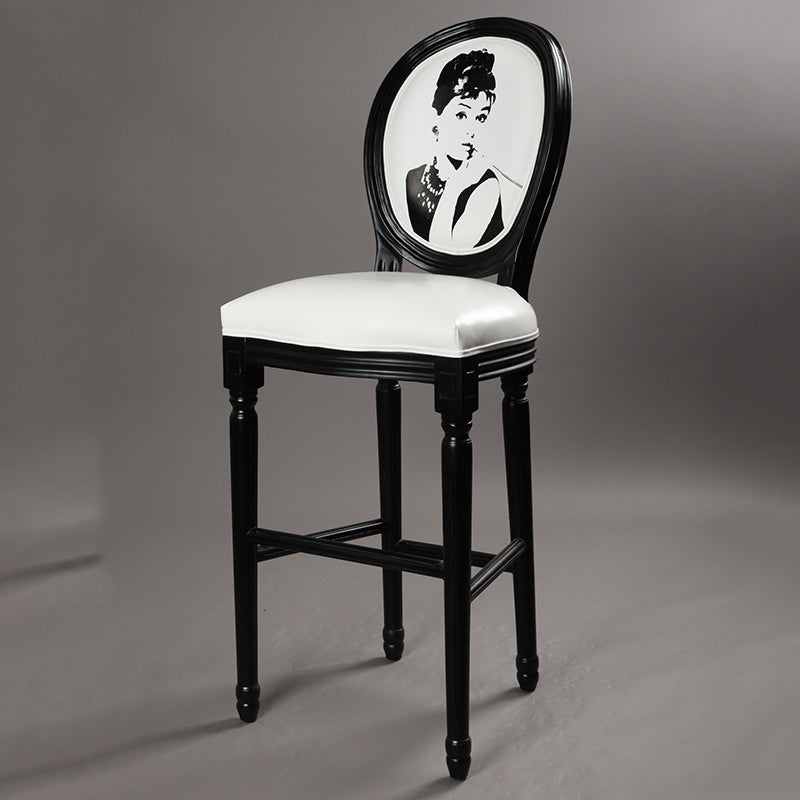 C-04 Vintage Wooden Bar Stool with Pirate Skull Design - Distressed Finish & Upholstered Seat for Home/Bar