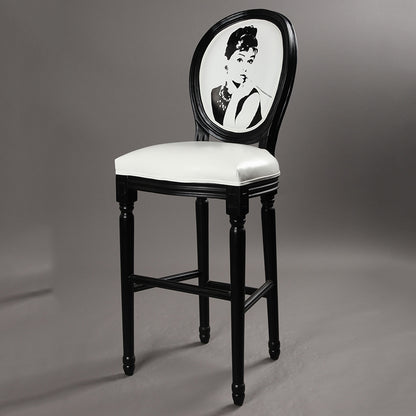 Vintage Wooden Bar Stool with Pirate Skull Design Distressed Finish & Upholstered Seat for Home/Bar