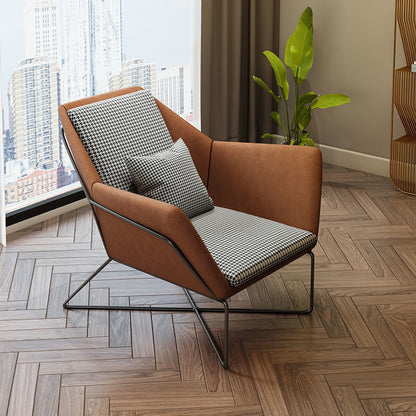 Modern Lounge Armchair Houndstooth Fabric Contrast Leather & Metal Frame with Ottoman Option
