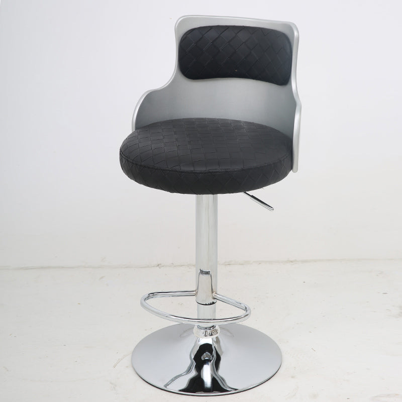 Adjustable Height Bar Stool Woven Leather Cushion Silver Metal Back Frame & Chrome Disc Base