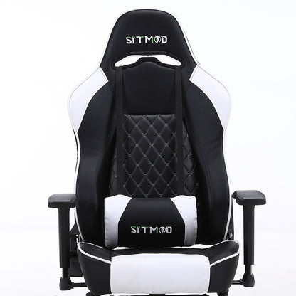 Black Quilted Gaming Chair Headrest, Lumbar Pillow Footrest Sturdy Base Adjustable Ergonomic Support for Gaming & Office Work Sessions
