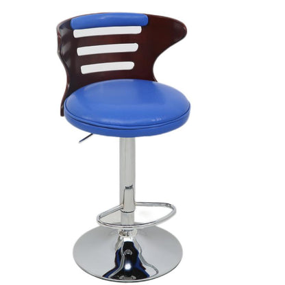 Adjustable Height Bar Stool Slatted Bentwood Backrest Color-Blocked Leather Cushion & Chrome Disc Base
