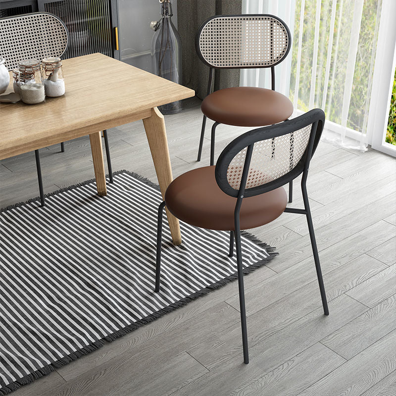 Retro Breathable Dining Chair Rattan Back, Metal Legs & Leather Cushion