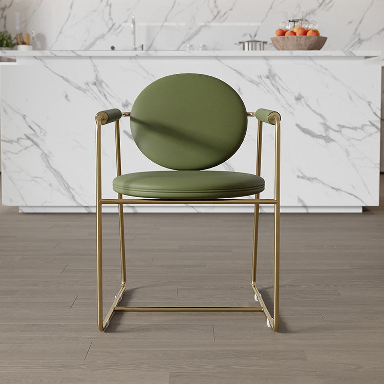 Modern Multi-Functional Armchair Gold Metal Frame, Olive Green Leather Cushion & Curved Design