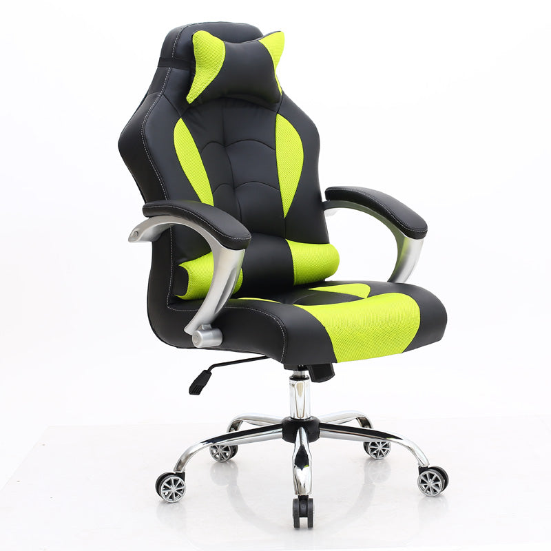 Black Ergonomic Gaming Office Chair: Leather-Mesh Blend, Headrest, Silver Armrests, Smooth Casters, Adjustable for Long Comfortable Gaming & Work Sessions