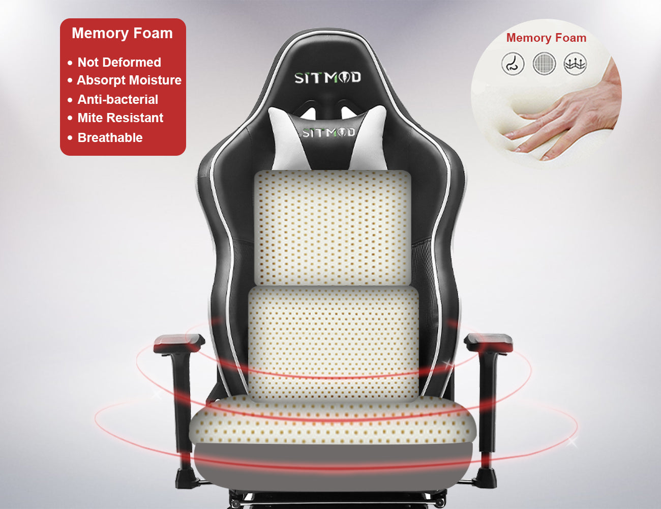 P06-SITMOD Black-White Ergonomic Gaming Chair: Headrest, Lumbar Pillow, Spine Support, Adjustable, Sturdy Base for Comfortable Gaming & Office Work Sessions