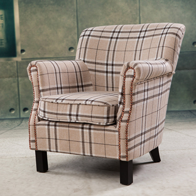 Chic Plaid Wingback Armchair & Ottoman Set Beige Brown Check Fabric Rivet Trim for Stylish Cozy Living Room Reading Nooks