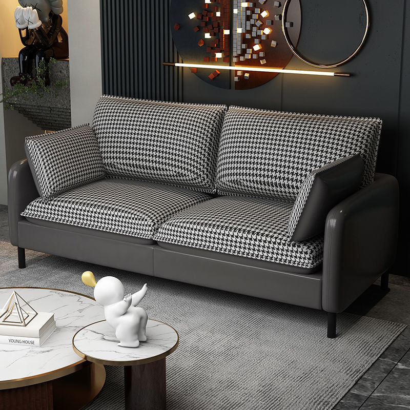 Modern Two-Tone Leather Sofa Modular Set Houndstooth Pattern Options Slim Metal Legs