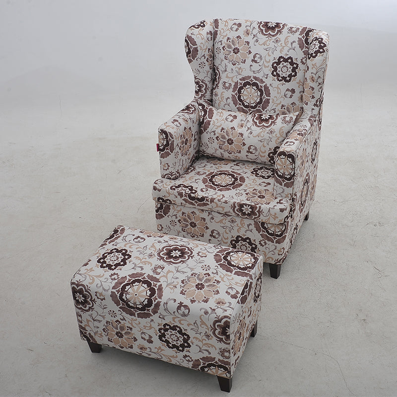 Modern Brown Wingback Armchair: Upholstered Fabric with White Geometric Crackle Pattern, Single Seater for Stylish Living Room/Office Decor