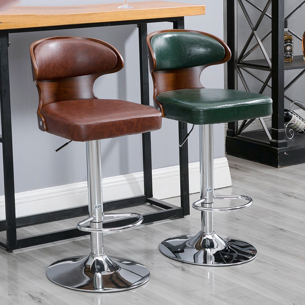 Adjustable Height Bar Stool Curved Bentwood Backrest Dual-Upholstery Cushion & Chrome Disc Base