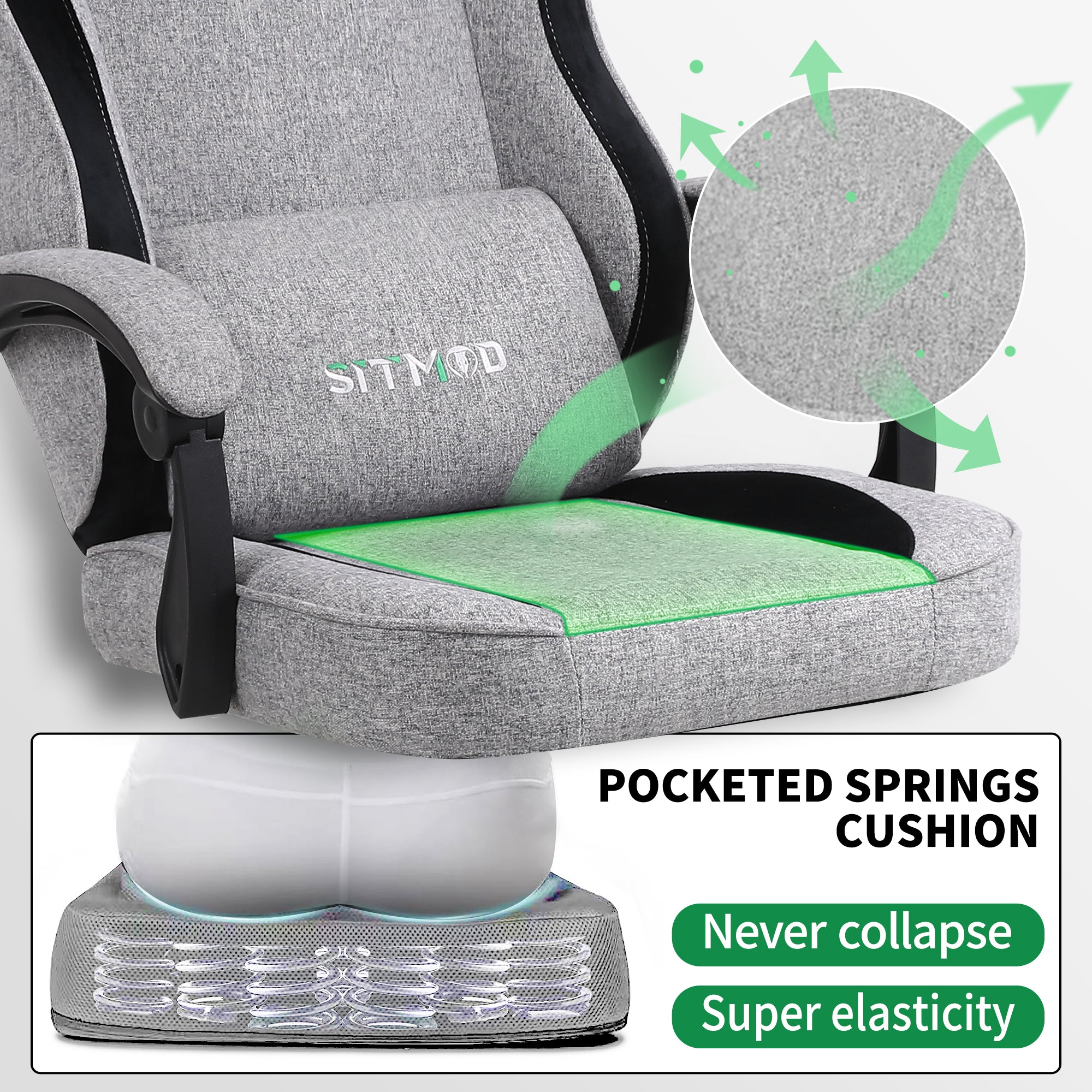 SITMOD Gaming Chair, Comfortable Video Game Chairs for Adults with Footrest High Back Headrest Lumbar Support Fabric Office Computer Desk Chair Reclining Ergonomic Big and Tall Silla Gamer