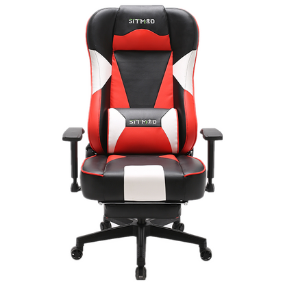 Red-Black-White Gaming Chair Lumbar Pillow, Footrest Adjustable Arms Sturdy Base Ergonomic Support for Gaming & Office Work Sessions