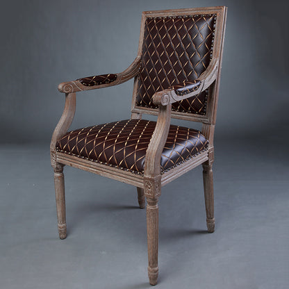 Vintage Distressed Wood & Leather Armchair with Diamond Stitching Classic Elegant Design for Living Room