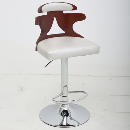 Adjustable Height Bar Stool Bentwood Cutout Backrest White Leather Cushion & Chrome Disc Base
