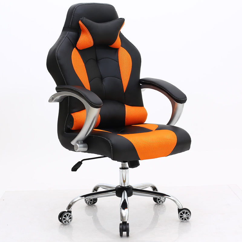 Black Ergonomic Gaming Office Chair: Leather-Mesh Blend, Headrest, Silver Armrests, Smooth Casters, Adjustable for Long Comfortable Gaming & Work Sessions