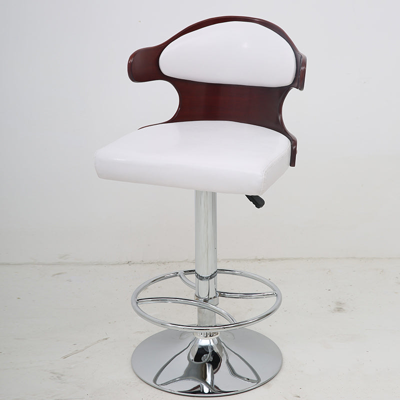 Adjustable Height Bar Stool Sculpted Bentwood Backrest Plush Leather Cushion & Chrome Disc Base