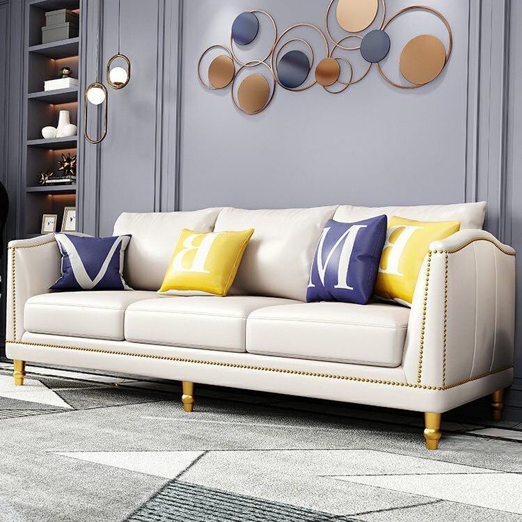 Luxury White Leather 3-Seater Sofa Gold Rivet Trim Golden Legs Modern Elegant Design for Stylish Cozy Living Room Lounging Spaces