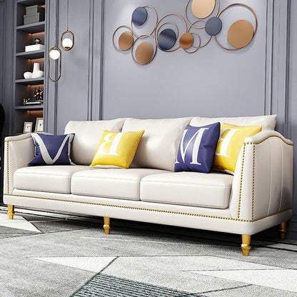 Luxury White Leather 3-Seater Sofa Gold Rivet Trim Golden Legs Modern Elegant Design for Stylish Cozy Living Room Lounging Spaces