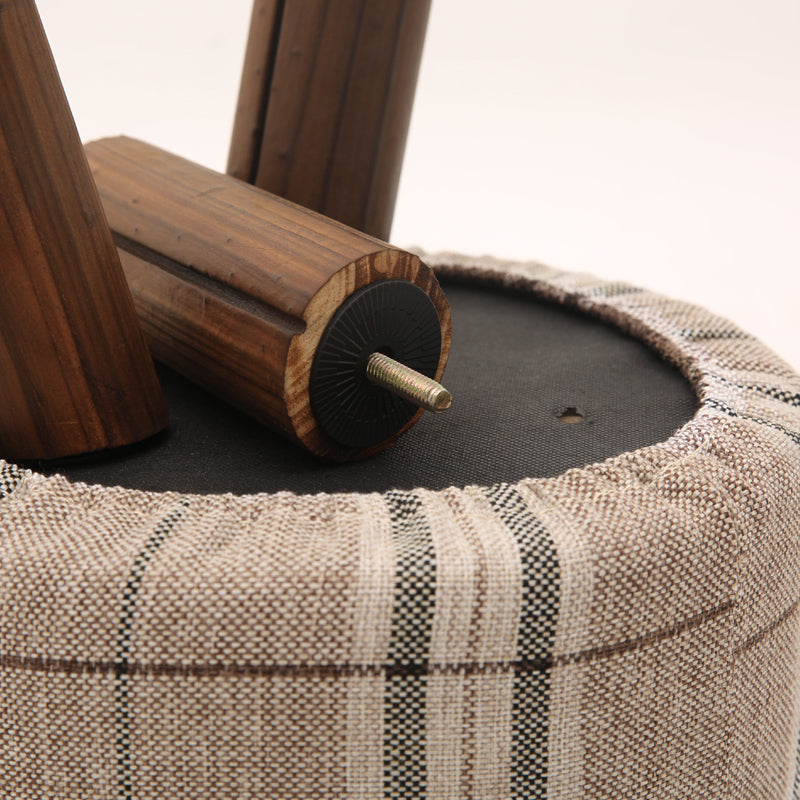 Plaid Fabric Ottoman with Wooden Legs-Rustic Round Footstool for Home Decor