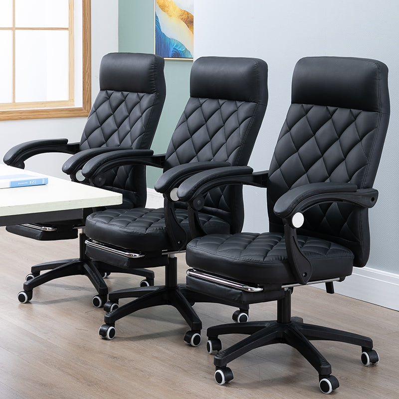 Black Quilted Leather High-Back Office Chair Footrest, Adjustable  Ergonomic Support for Daily Luxurious Work & Cozy Relaxation in Home Workspaces