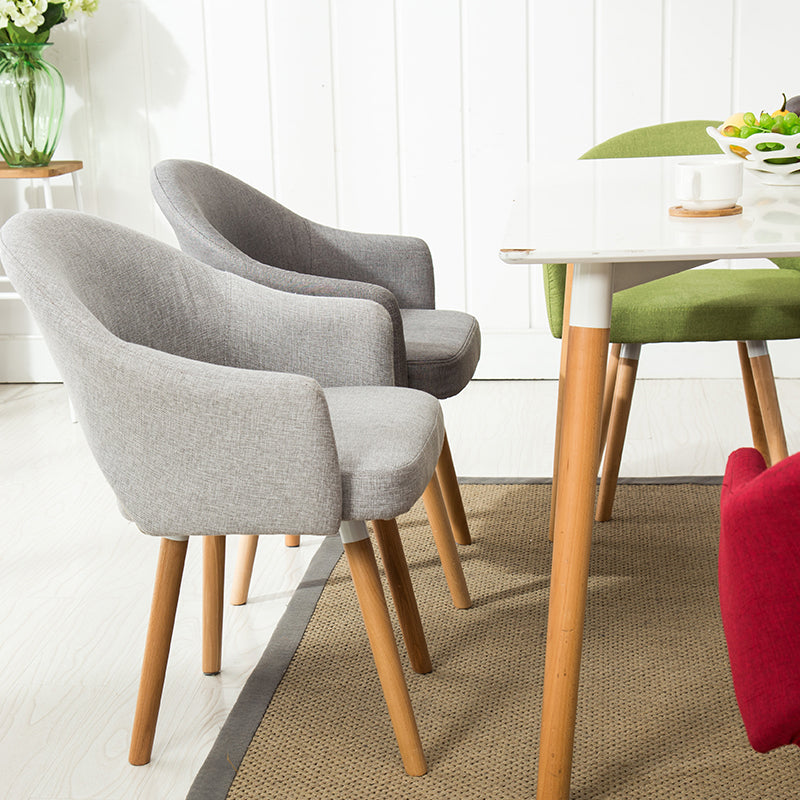 Casual Curved-Back Dining Chair Upholstered Fabric Armrest Design & Wooden Legs for Cozy Spaces