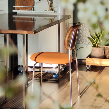 Retro Breathable Dining Chair Rattan Back, Metal Legs & Leather Cushion