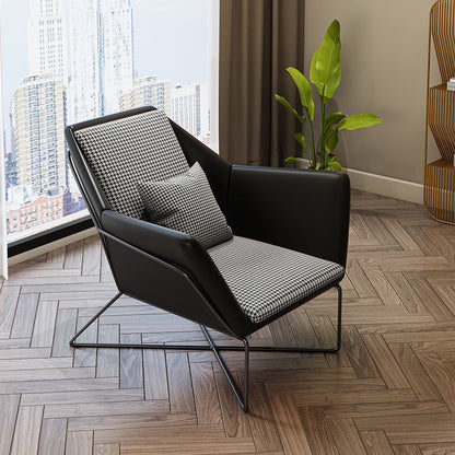 Modern Lounge Armchair Houndstooth Fabric Contrast Leather & Metal Frame with Ottoman Option