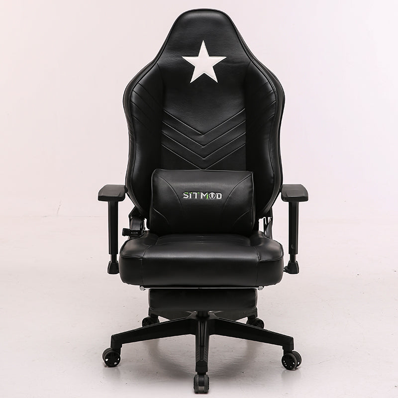 Red-Black-White Gaming Chair with Star Accent Lumbar Pillow Footrest Adjustable Arms Ergonomic Support for Gaming & Office Work Sessions
