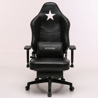Red-Black-White Gaming Chair with Star Accent Lumbar Pillow Footrest Adjustable Arms Ergonomic Support for Gaming & Office Work Sessions