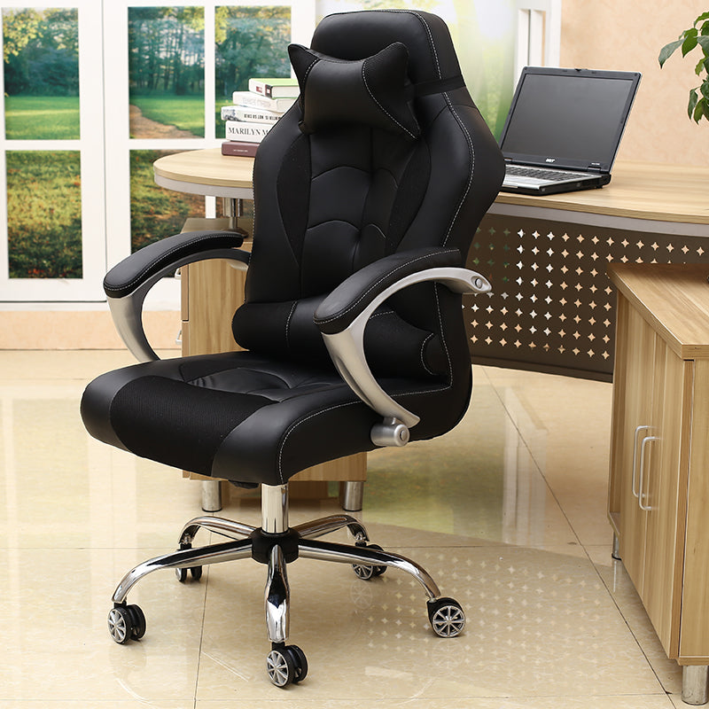 Black Ergonomic Gaming Office Chair: Leather-Mesh Blend, Headrest, Silver Armrests, Smooth Casters, Adjustable for Long Comfortable Gaming & Work Sessions