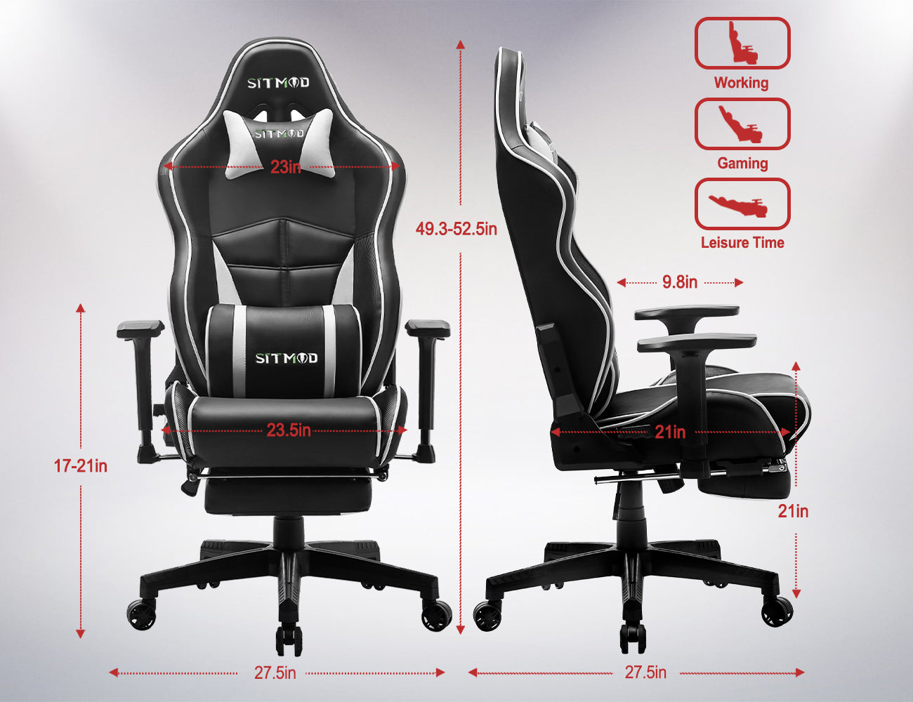 P06-SITMOD Black-White Ergonomic Gaming Chair: Headrest, Lumbar Pillow, Spine Support, Adjustable, Sturdy Base for Comfortable Gaming & Office Work Sessions