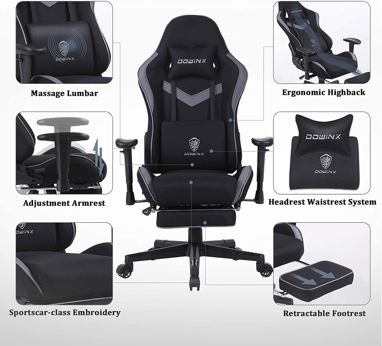 Fabric Gaming Chair Massage Lumbar Support 170° Reclining Backrest & Retractable Footrest