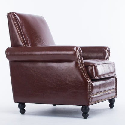 Retro American Leather Leisure Sofa Brass Rivet Detail Classic Bun Feet & Plush Seating