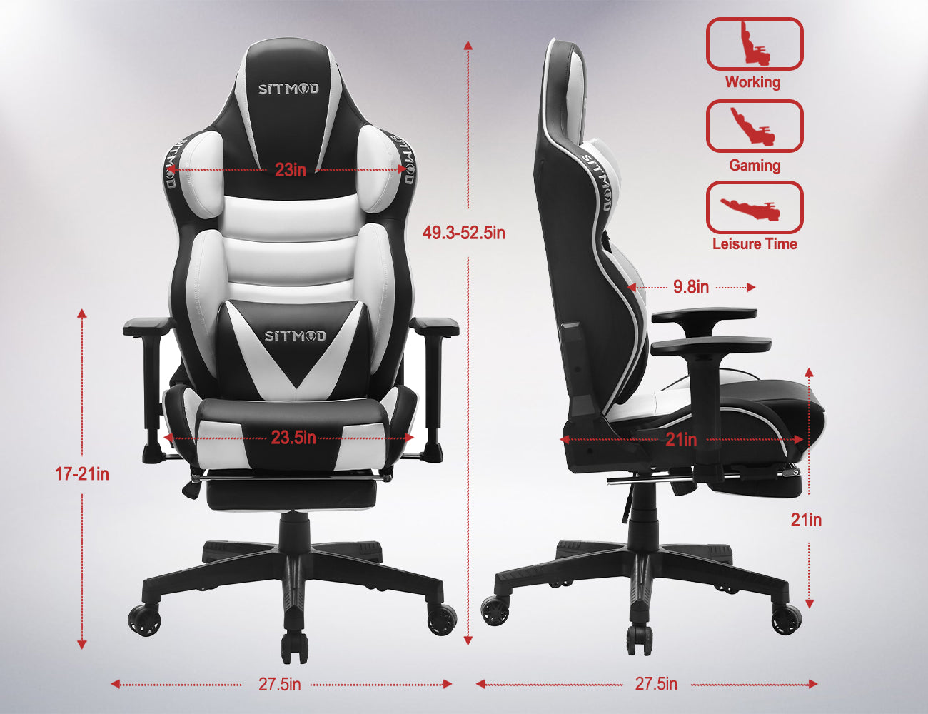 P07-SITMOD Black-White Ergonomic Gaming Chair: Headrest, Lumbar Pillow, Spine Support, Footrest, Adjustable for Comfortable Gaming & Office Work Sessions