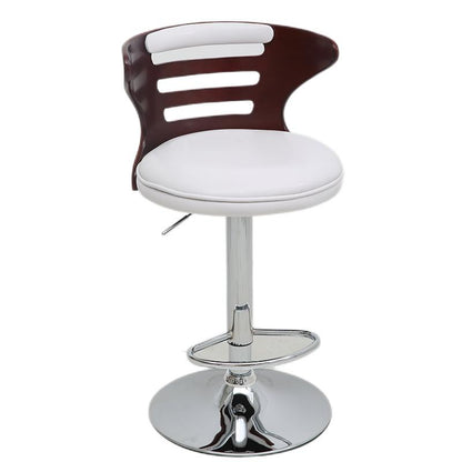 Adjustable Height Bar Stool Slatted Bentwood Backrest Color-Blocked Leather Cushion & Chrome Disc Base