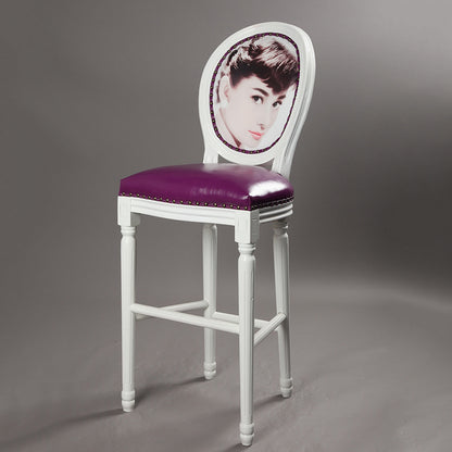 Vintage Wooden Bar Stool with Pirate Skull Design Distressed Finish & Upholstered Seat for Home/Bar