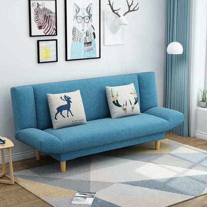 Foldable Multi-Color Sofa Bed Fun Pattern Pillows Wooden Legs Compact Living Design