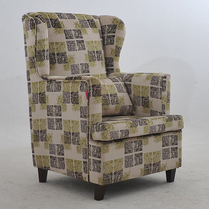 Modern Brown Wingback Armchair: Upholstered Fabric with White Geometric Crackle Pattern, Single Seater for Stylish Living Room/Office Decor