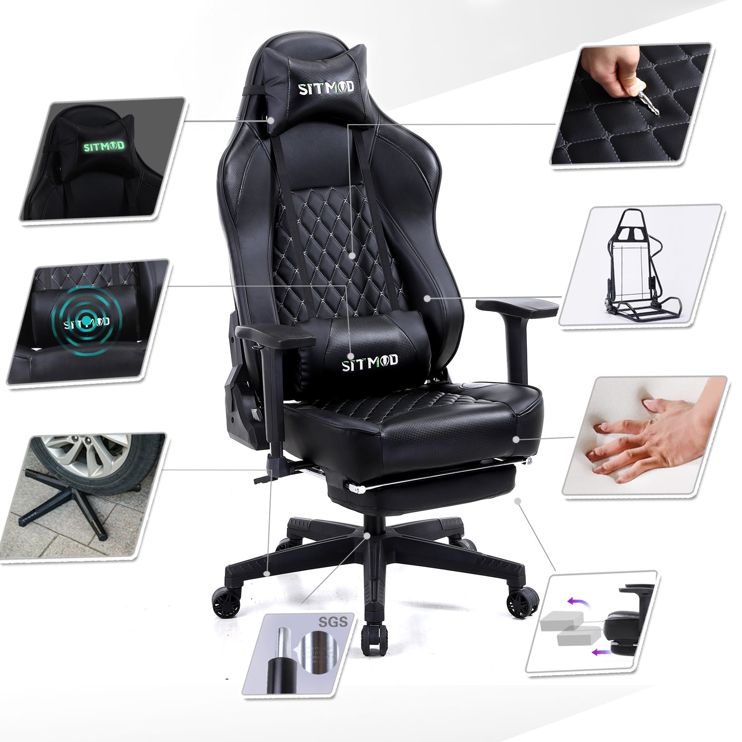 Black Quilted Gaming Chair Headrest, Lumbar Pillow Footrest Sturdy Base Adjustable Ergonomic Support for Gaming & Office Work Sessions